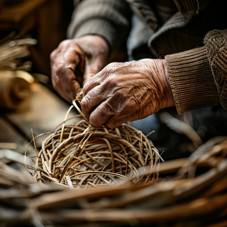 Elderly woman making a wicker nest. Selective focus.の素材