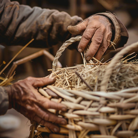 Handmade wicker basket in the hands of an elderly man.の素材