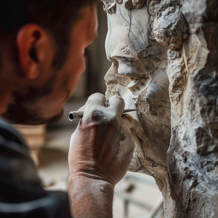 Ceramist working on a sculpture in a pottery workshopの素材