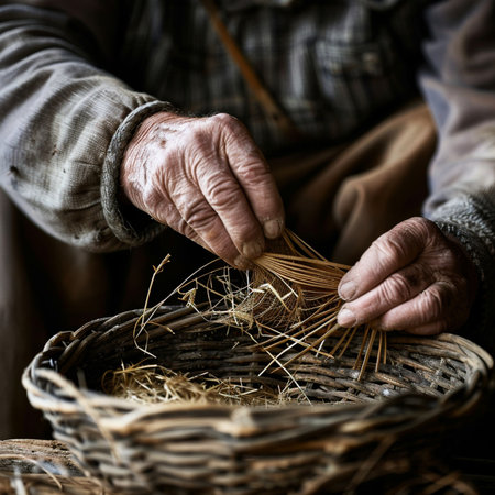 Old woman hands weaving a wicker basket with straw, selective focusの素材