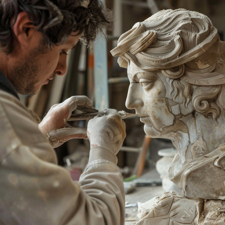 Ceramist carving a marble statue in a pottery workshopの素材