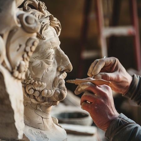 Close-up of a potter's hand working on a marble sculptureの素材