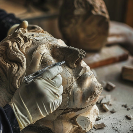 Ceramist carving a sculpture with a chisel in a workshopの素材