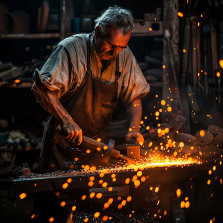 Worker in a smithy. Sparks fly to the sides.の素材