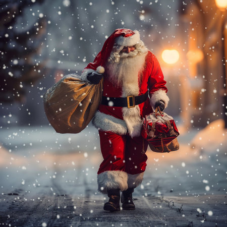 Santa Claus with a bag of gifts on the background of a winter city street.の素材