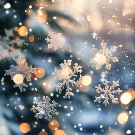 Christmas background with snowflakes, bokeh lights and christmas treeの素材