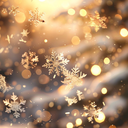 Christmas background with golden snowflakes and bokeh lights.の素材