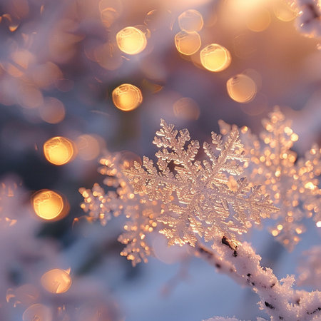 Snowflakes on a branch of a tree in the winter forestの素材