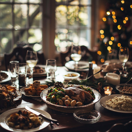Christmas dinner table with turkey and other traditional dishes. Selective focus.の素材