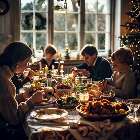 Happy family sitting at christmas table at home. Mother, father and children having Xmas dinner.の素材