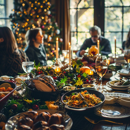 Christmas dinner at home. Family having fun on New Year Eve.の素材