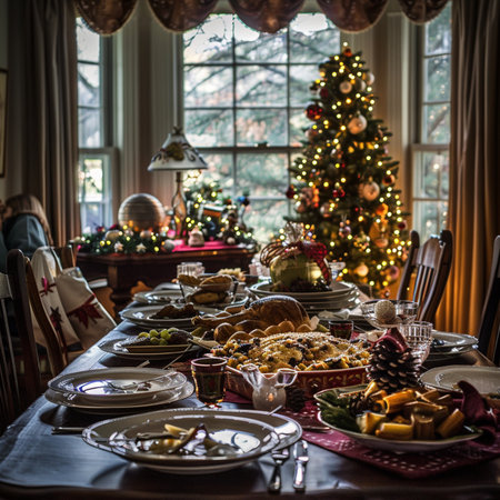 Traditional Christmas dinner in the living room at home. Selective focus.の素材