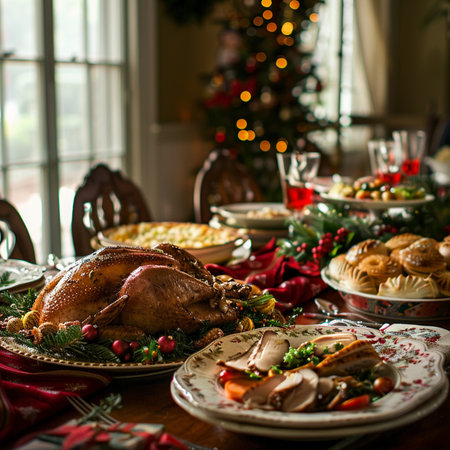 Traditional Christmas dinner with roasted turkey on festive table. Selective focus.の素材