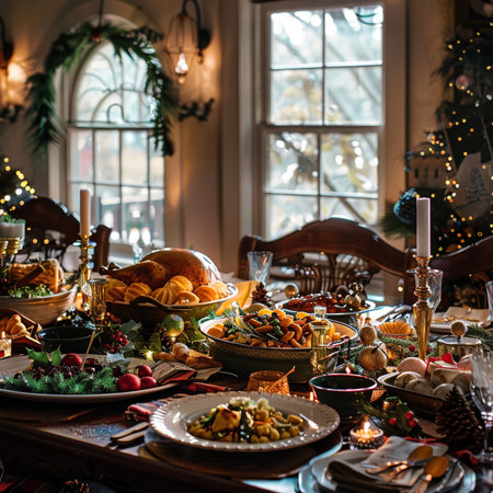 Festive Christmas table with turkey and other dishes. Traditional holiday dinner.の素材