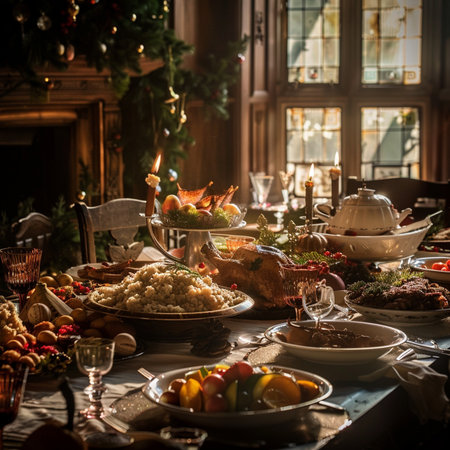 Festive Christmas table with traditional dishes and cutlery. Selective focus.の素材