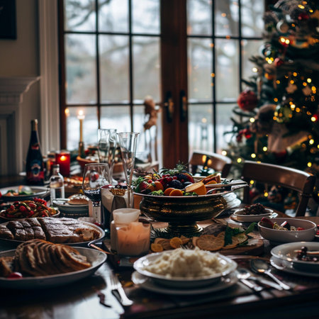 Festive table setting for Christmas dinner. Festive table with food and desserts.の素材