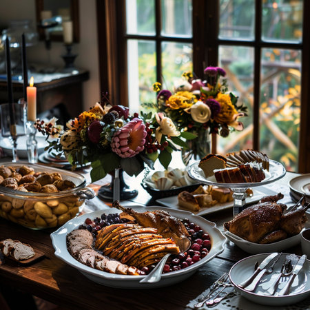 Festive table setting for Thanksgiving dinnerrated with baked turkey, baked apples, berries, nuts, candied fruits.の素材