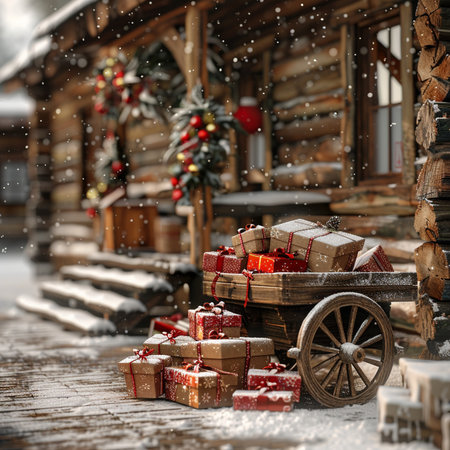 Christmas background with wooden cart, gifts and christmas tree in snowfallの素材