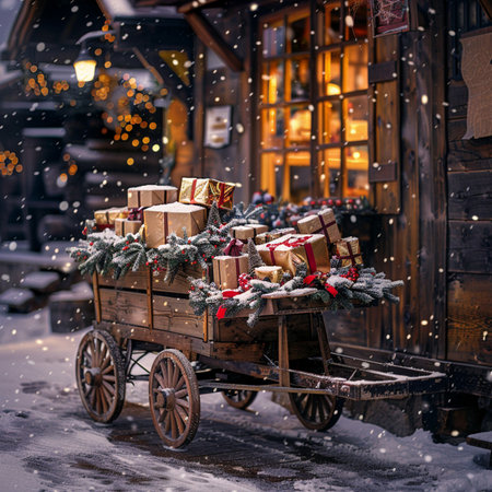Wooden cart with christmas presents on a snowy street in old townの素材
