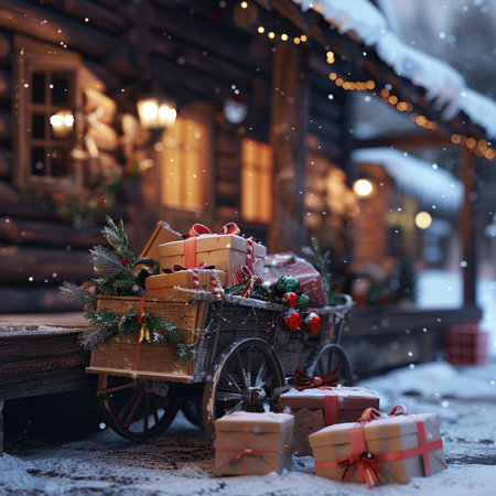 Wooden cart with Christmas gifts and decorations on the background of a wooden houseの素材