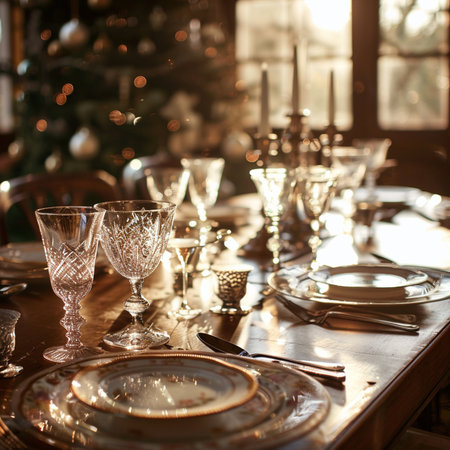 Vintage table set for Christmas or New Year dinner. Selective focus.の素材