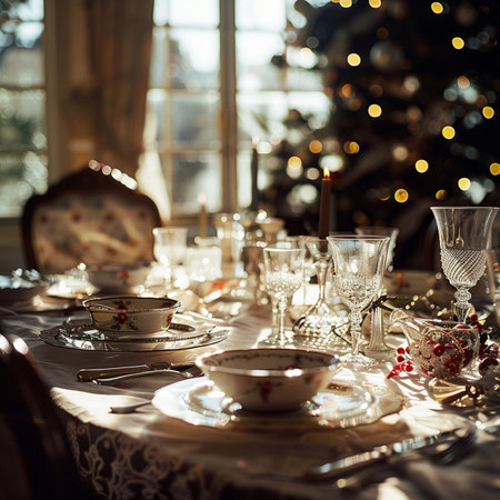 Beautiful table setting for Christmas dinner in a rustic style.の素材