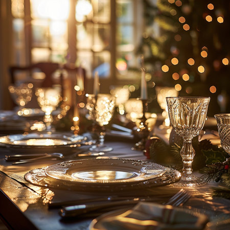 Christmas table setting with golden cutlery and Christmas tree in backgroundの素材