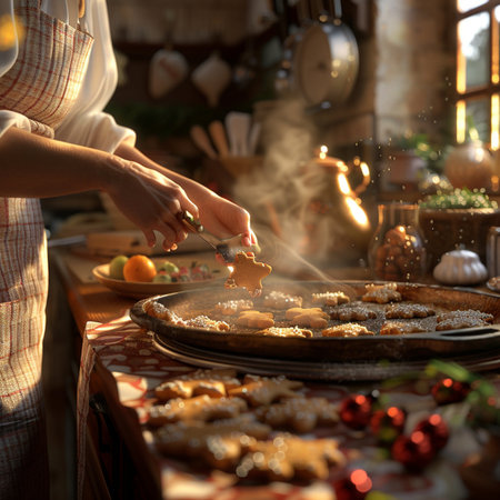 Woman cooking christmas cookies in the kitchen at home, closeupの素材