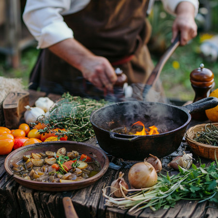 Cooking vegetables in a cauldron on an old wooden table.の素材
