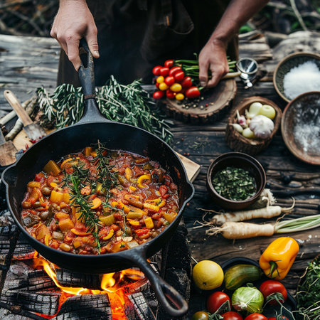Cooking vegetable stew in a frying pan on a wooden table.の素材