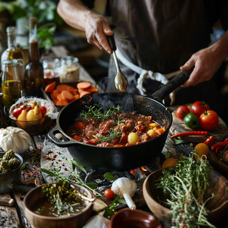 Chef cooking beef stew with vegetables and herbs in the kitchen.の素材