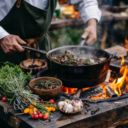 Chef cooking meat on a fire in a cauldron. Restaurantの素材