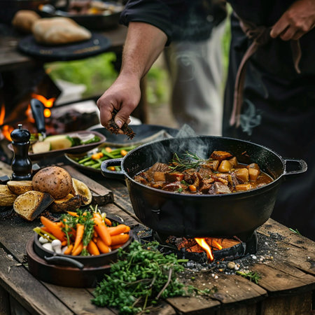 Cooking stew with beef, potatoes and vegetables in a cauldron.の素材