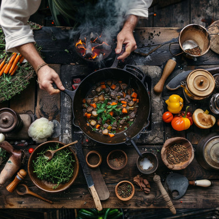 Top view of man cooking beef stew with vegetables in cauldron on wooden tableの素材