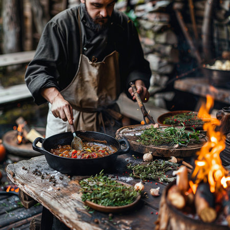 Cooking pilaf on the fire in a cauldron. Restaurantの素材
