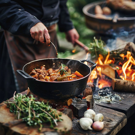 Cooking meat on a fire in a cauldron on a wooden tableの素材