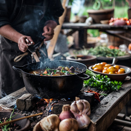 Cooking in a cauldron with vegetables and meat on an open fireの素材