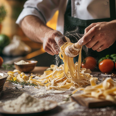 Close-up of male hands sprinkling flour on fresh homemade pasteの素材