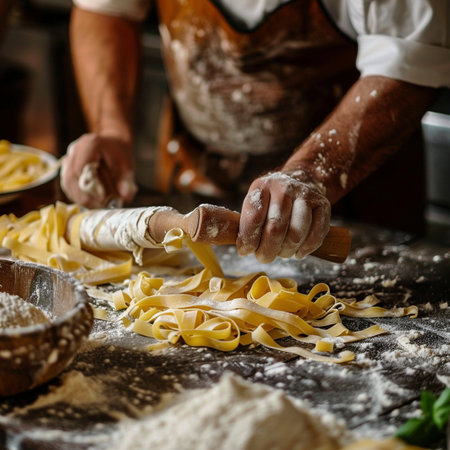 Close-up of male hands kneading dough for homemade pastaの素材