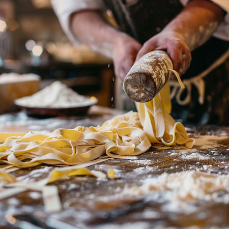 Close up of the hands of a chef who is preparing homemade pasta.の素材