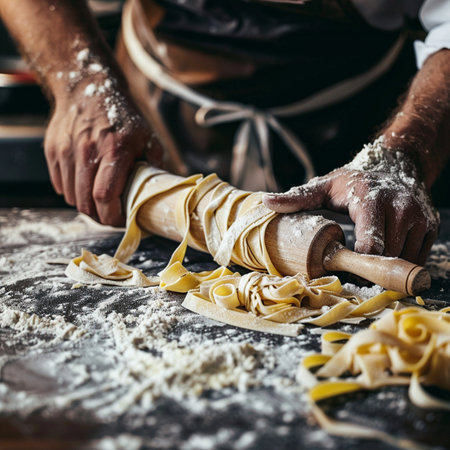 Close-up of a man kneading the dough for homemade pastaの素材