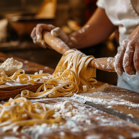 Close-up of female hands preparing homemade paste on wooden table with flourの素材