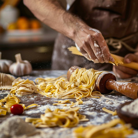 Close-up of a chef's hands sprinkling flour on homemade pasta.の素材