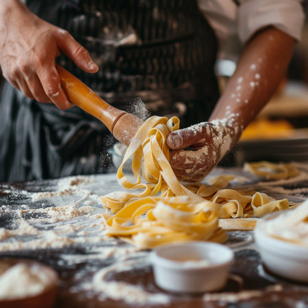 Close-up of female hands kneading homemade paste on wooden tableの素材