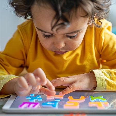 Cute little girl using tablet computer at home. Education and technology conceptの素材