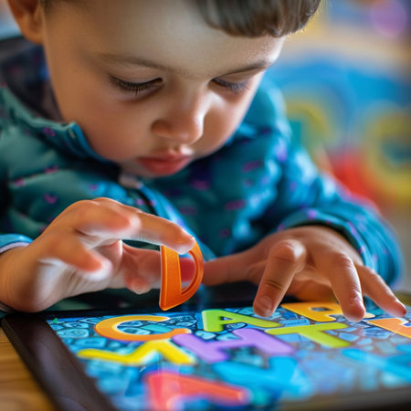 Cute little boy playing with colorful letters at home. Early education conceptの素材