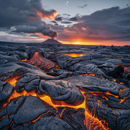 Kilauea volcano in Hawaii Volcanoes National Park at sunsetの素材