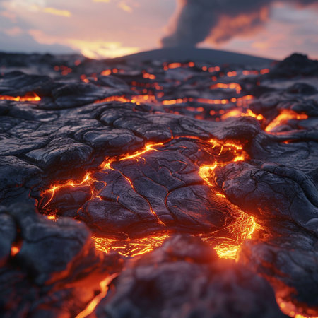 Volcanic eruption with lava flow and lava flow into the ground.の素材