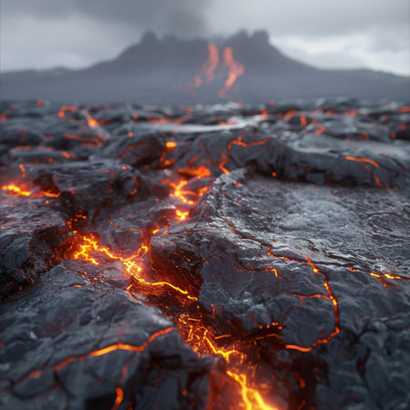Volcanic eruption with lava flow. 3d render illustration.の素材