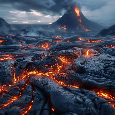 Volcanic eruption with lava flow. 3d render illustration.の素材